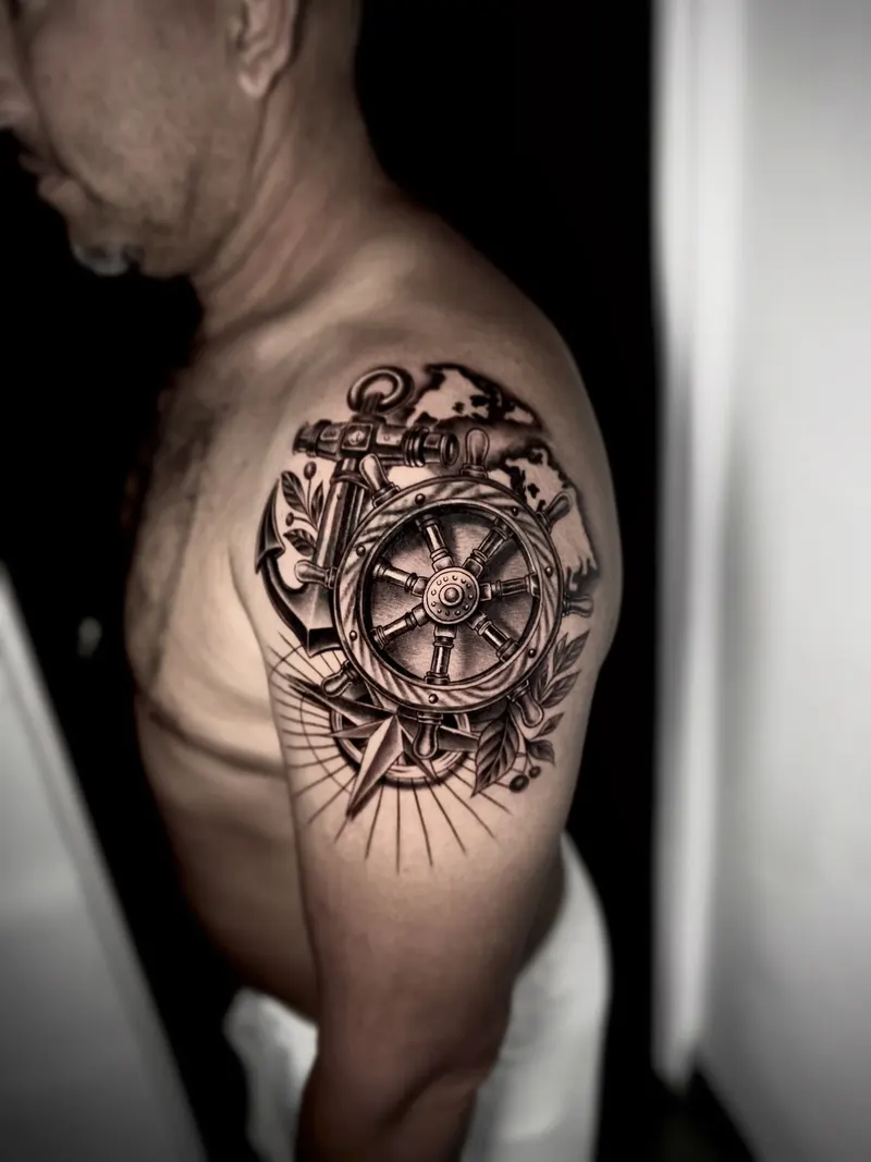 Anchor, ship's wheel and compass cover-up on a shoulder