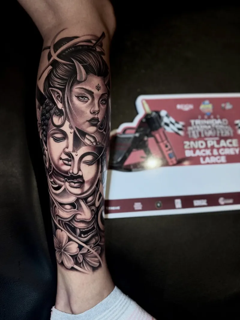 Black and grey realism sleeve with a woman's face and roses