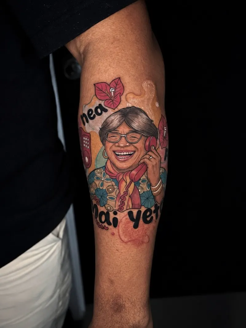 Colour portrait of a laughing woman with flowers and lettering