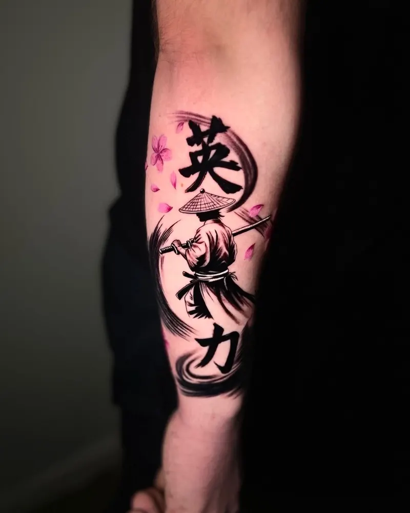 Samurai with kanji and pink cherry blossoms on a forearm
