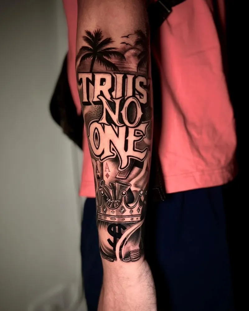 Trust No One lettering sleeve with palm trees